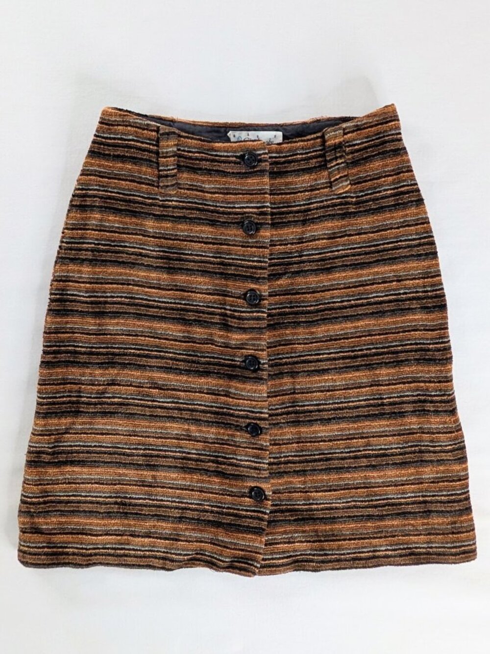 VTG Brown Black Orange Textured Stripe 70s Button Front Mini Skirt